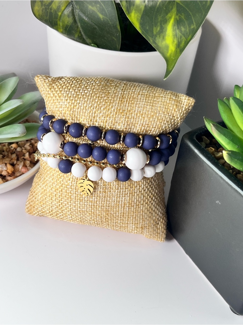 Gold Charm Navy and White Beaded Bracelet Stack - Women Jewelry